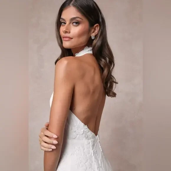 Lulus Dreamy Glamour White Embroidered Halter Mermaid Maxi Dress